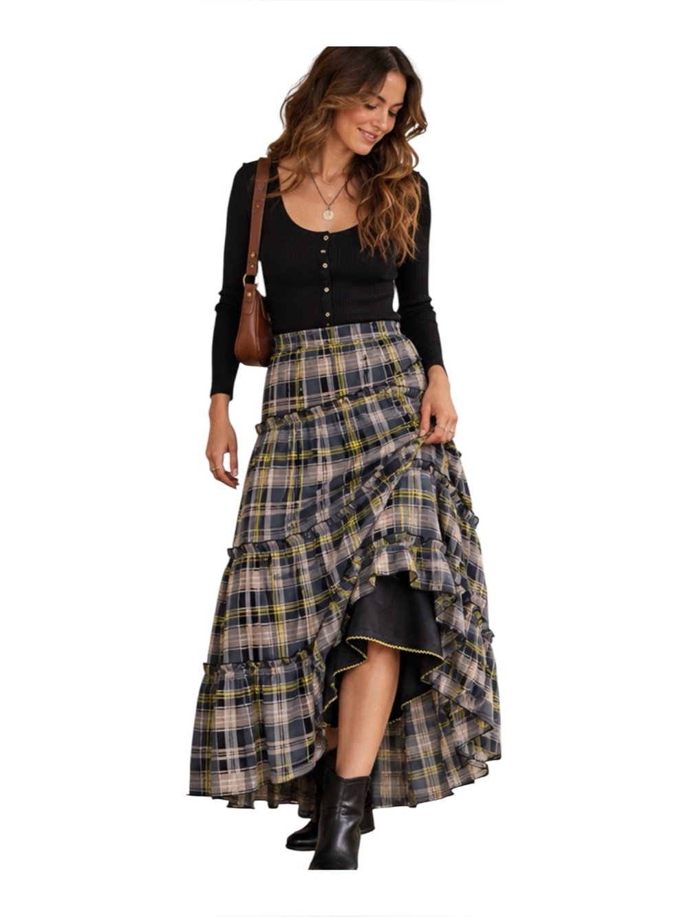 edmé & esyllte Plaid Tiered Ruffle Midi Skirt Size Small Chiffon High Low Hem